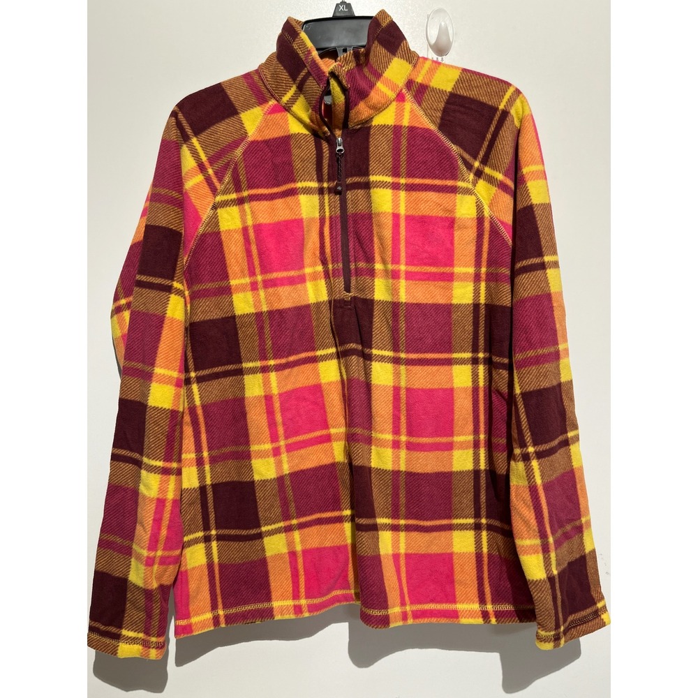Eddie Bauer Womens Pink Yellow Plaid 1/4 Zip Fleece Pullover Mock Neck Medium